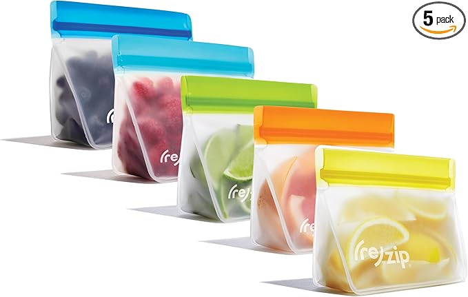 (re) zip 5-pack Stand-Up Reusable Bags | BPA-Free, Food Grade, Leakproof, Freezer and Dishwasher Safe | 5 Snack-Size Bags (1-Cup / 8-Oz) | Multicolor for Easy Organization