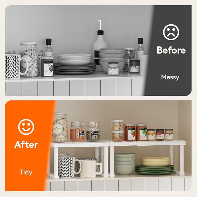 Lifewit Cabinet Shelf Organiser, Expandable Countertop Kitchen Shelves, Plastic Shelf Riser for Pantry Kitchen Storage and Spice Rack, Set of 3, 40 x 21 x 18cm/16 x 8 x 7 inch, White