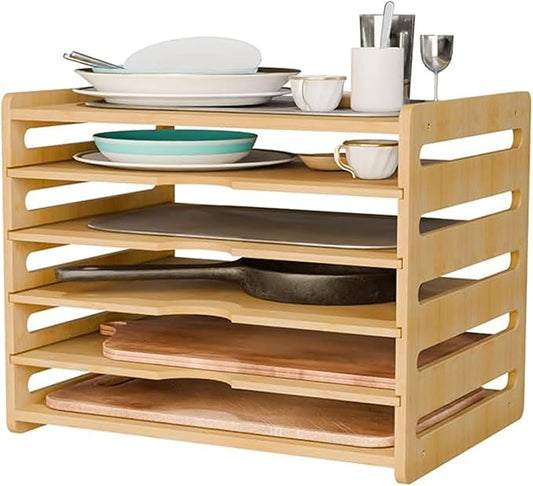 6 Tier Wooden Tray Dividers for Cabinets, Kitchen Vertical Tray Divider Organizer for Storing Baking Sheets Pans Lids Cutting Boards