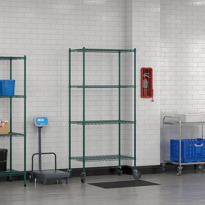 Commercial NSF Listed Green Epoxy Mobile Wire Shelving Kit 21" x 36" x 80", with 4 Shelves Perfect for Warehouse, Walk-in Refrigerator, Freezer, Grocery Store, Restaurant, Dishroom