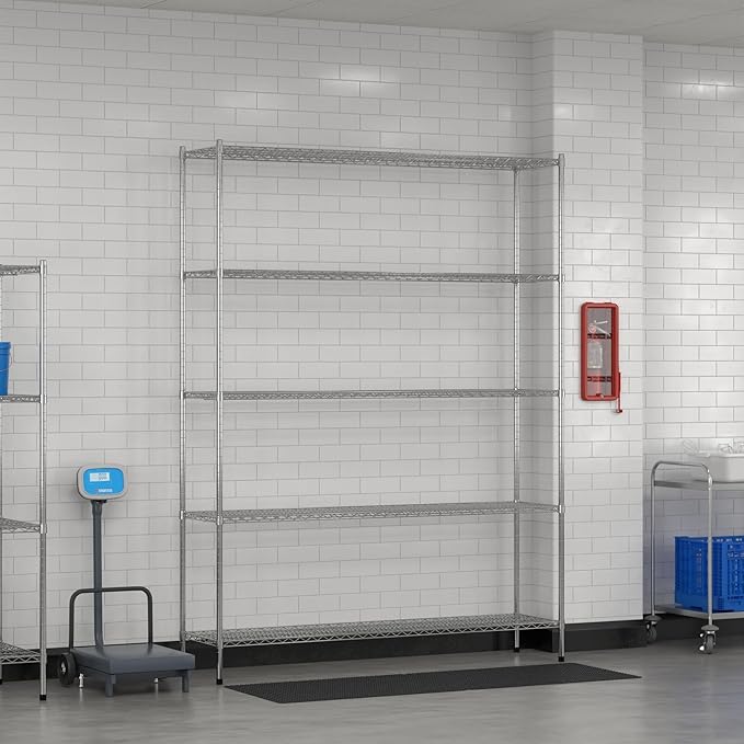 Commercial NSF Listed Chrome Stationary Wire Shelving Kit 18" x 72" x 96", with 5 Shelves Perfect for Warehouse, Walk-in Refrigerator, Freezer, Grocery Store, Restaurant, Dishroom