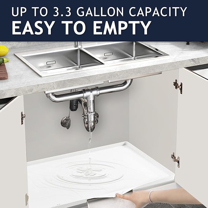 Vangostella Heavy Duty Silicone Under Sink Mats for Kitchen Waterproof 19" x 19", Extra Thick Under Sink Rubber Mat Drip Tray, Raised Edge Under Sink Liner,Prevent Drips, Leaks, Spills,White