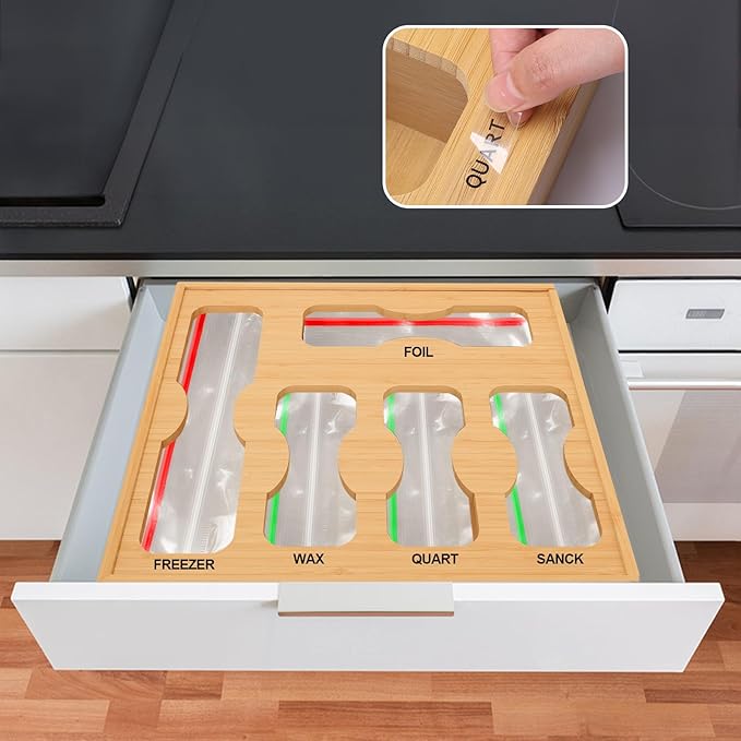 Comfoyar 5 In 1 Bamboo Storage Bag Organizer with Slider for Kitchen, Baggie Storage Organizer for Drawer or Wall Mount, Compatible with Gallon, Quart Sandwich Snack Size Bags, Variety Plastic Baggies