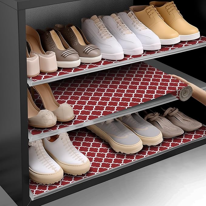Shinlendid Shelf and Drawer Liner for Kitchen Cabinets Non-Adhesive, Strong Grip Non-Slip Thickened Cabinet Liners for Shelves, Waterproof Mats for Dresser Cupboard, Red/White, 12 in x 30 Feet