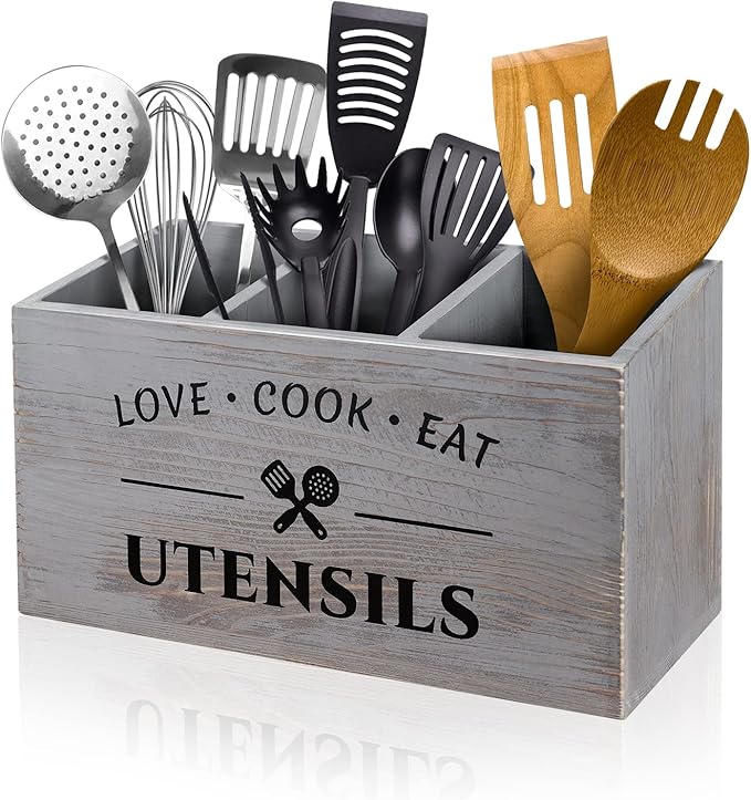 Rustic Wooden Utensil Holder for Countertop - 3 Compartment Farmhouse Heavy-Duty Flatware Caddy & Silverware Organizer - Large Kitchen Decor for Spoons, Forks, Parties, Coffee Bar & RV