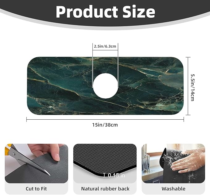 Sink Faucet Mat Elegant Green Marble Kitchen Splash Guard Absorbent Bathroom Sink Mat Around Faucet 15" x 5.5" Drying Mats Stone Draining Mat