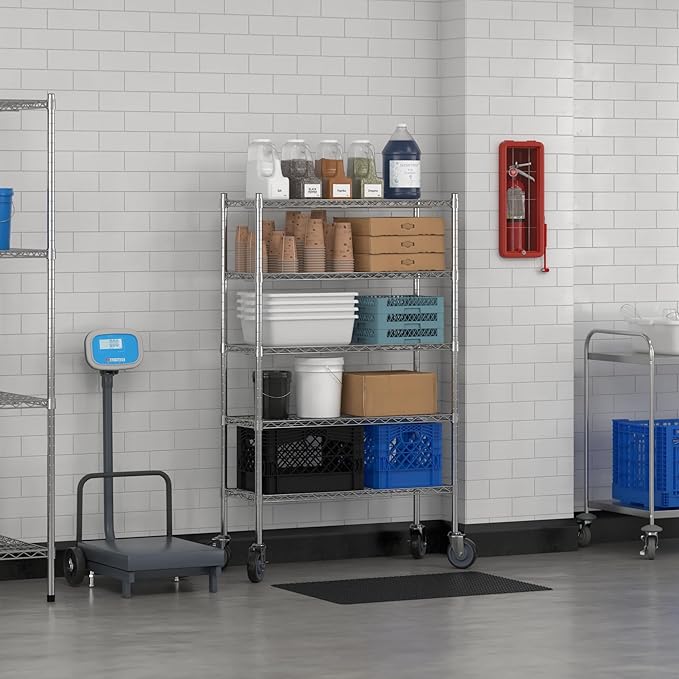 Commercial NSF Listed Chrome Mobile Wire Shelving Kit 14" x 36" x 60", with 5 Shelves Perfect for Warehouse, Walk-in Refrigerator, Freezer, Grocery Store, Restaurant, Dishroom