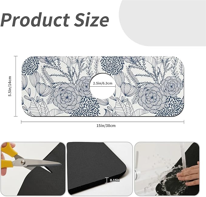 Kitchen Sink Splash Guard，Navy blue flower Faucet Mat Sink Gadgets-Super Absorbent Fast Drying Mat Drip Catcher for Kitchen, Bathroom,Sink Mat, Dish Drying Mat, Bathroom(15" X 5.5" )