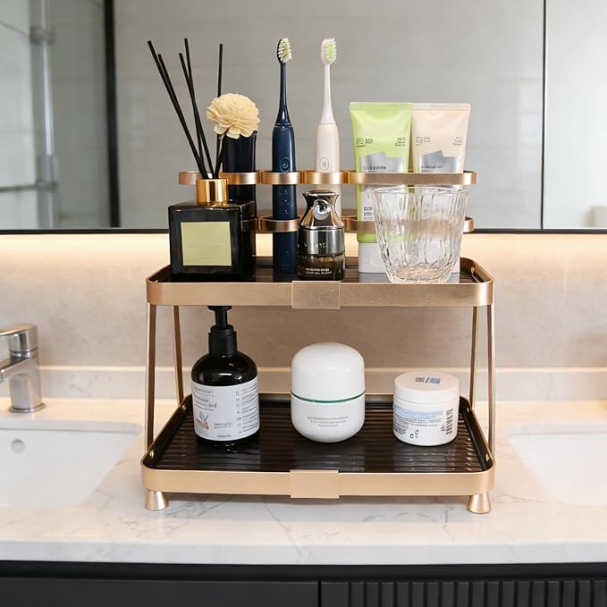 YUPER Bathroom Countertop Organizer, 2-Tier Vanity Organizer With Makeup Brush Holder, Large Countertop Tray for Skincare, Perfume, Cosmetics, Bathroom Sink Organizer Countertop