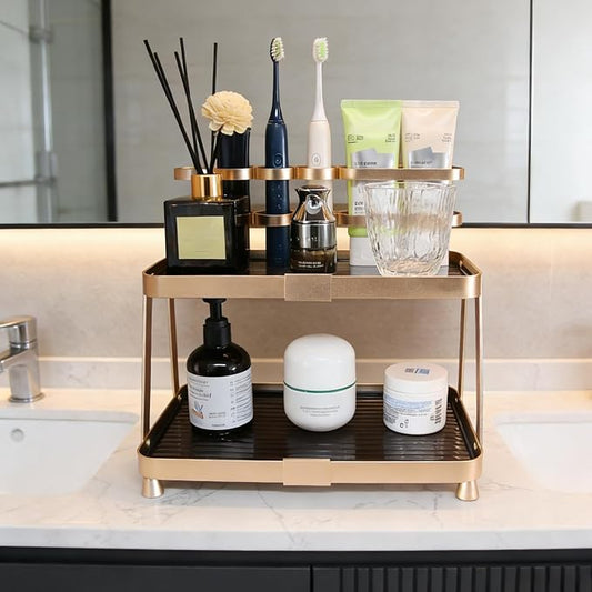 YUPER Bathroom Countertop Organizer, 2-Tier Vanity Organizer With Makeup Brush Holder, Large Countertop Tray for Skincare, Perfume, Cosmetics, Bathroom Sink Organizer Countertop