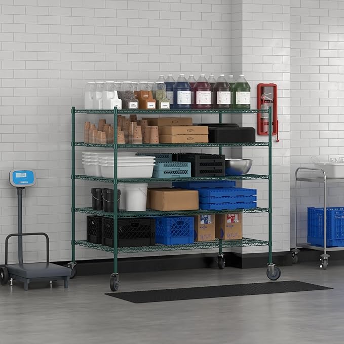 Commercial NSF Listed Green Epoxy Mobile Wire Shelving Kit 36" x 60" x 60", with 5 Shelves Perfect for Warehouse, Walk-in Refrigerator, Freezer, Grocery Store, Restaurant, Dishroom