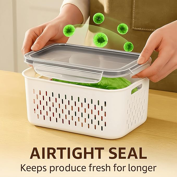 Havnddel 4 Pack Food Storage Containers with Lids – Refrigerator Organizer with Removable Colander & Drain Basket, Airtight Produce Saver for Fruits & Vegetables