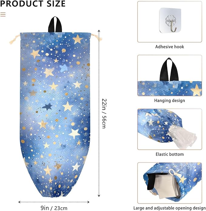 Plastic Bag Holder Wall Mount Grocery Bag Shopping Bag Storage Holder Organizer Dispenser with Adhesive Hook,for Kitchen Bathroom Home Decor 9x22 Inches Blue Romantic Golden Stars24