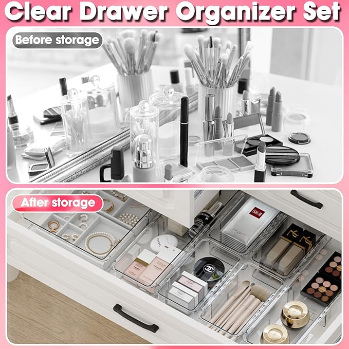 25-Piece Clear Drawer Organizer Set - Adjustable Acrylic Storage Bins with 3 Sizes for Makeup, Kitchen Utensils, Bedroom Dressers - Desk & Tool Organizer for Home, Office, Craft Rooms