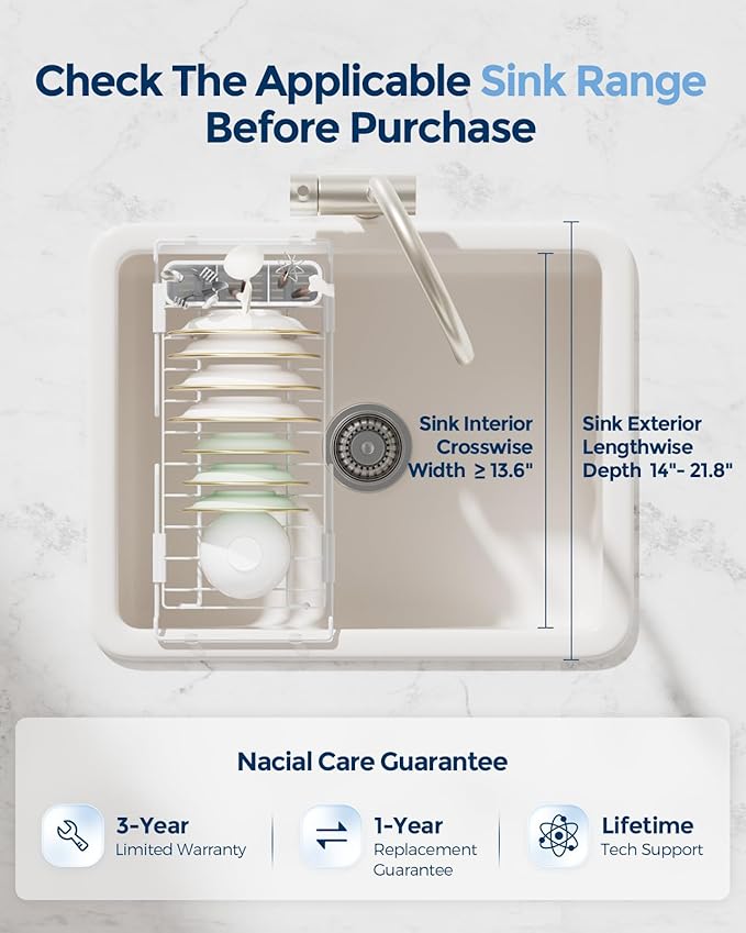 Nacial Small Dish Drying Rack with Utensil Holder, Expandable Dish Rack Over Sink with Auto-Drain Tray, Compact Dish Drainer for Kitchen Counter, Stainless Steel Dish Rack Fits 14''–21.8'' Sink, White
