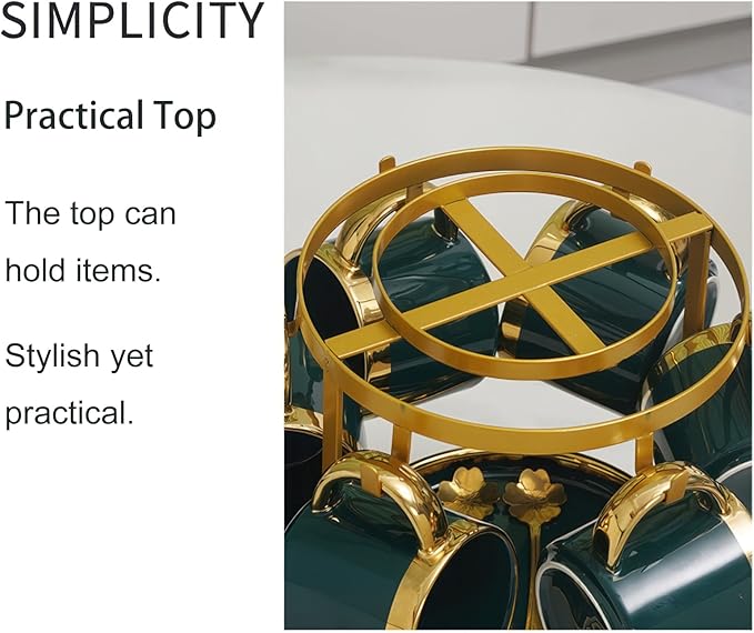 Coffee Mug Holder Countertop,Muted Golden Yellow Metal Coffee Cup Holders for Counter,Warm Dark Gold Mug Stand Rack for Counter Top 6 Hooks(Round,Muted Gold)