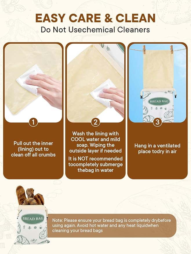 2 Pack Zippered Beeswax Bread Bags - 17×13 Inch Large Reusable Cotton Lined Bags Freezer Safe for Bread, Sourdough & Baguette Kitchen Baking Supplies