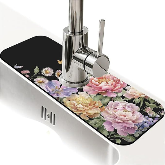 Kitchen Sink Splash Guard，Beautiful watercolor flowers Faucet Mat Sink Gadgets-Super Absorbent Fast Drying Mat Drip Catcher for Kitchen, Bathroom,Sink Mat, Dish Drying Mat, Bathroom(15" X 5.5" )