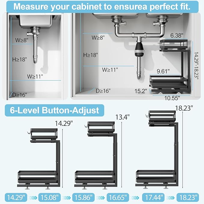 Under Sink Organizer, JCYLQ Dual-Rail Ball-Bearing, Under Kitchen Sink Organizer, 6-Level Adjustable, Under Cabinet Storage, No-Drill Adhesive/Suction, Under Sink Organizers and Storage (2-Pack)