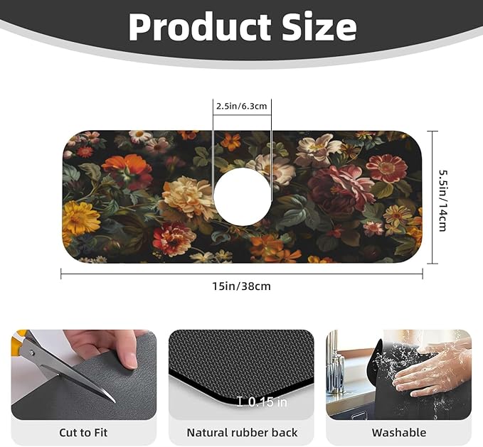 Sink Faucet Mat Elegant Flowers Kitchen Splash Guard Absorbent Bathroom Sink Mat Around Faucet 15" x 5.5" Drying Mats Stone Draining Mat