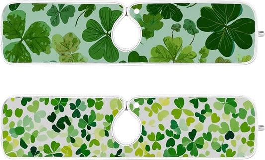 2 PCS Kitchen Sink Splash Guard 23.6 Inch Faucet Mat for Kitchen Sink Bathroom Sink Faucet Absorbing Drip Drain Mat Pad Microfiber Soft Washable Green St Patrick Clovers