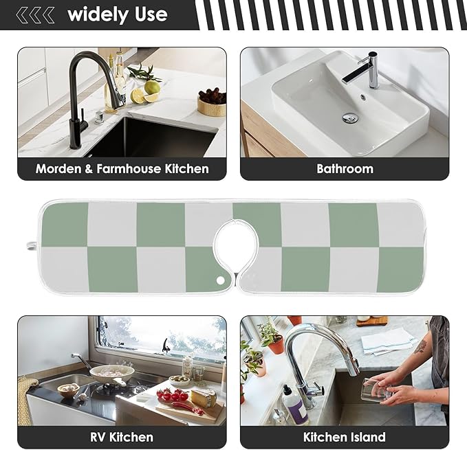 2 PCS Kitchen Sink Splash Guard 23.6 Inch Faucet Mat for Kitchen Sink Bathroom Sink Faucet Absorbing Drip Drain Mat Pad Microfiber Soft Washable Checkered Green and White