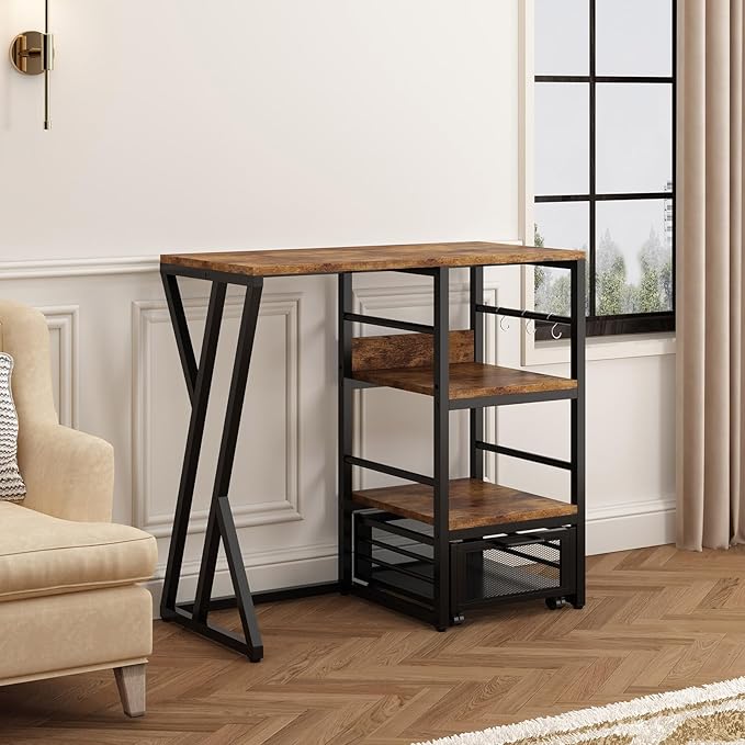 Kitchen Bakers Rack with Movable Basket, Coffee Bar Cabinet with Mini Fridge Space, Beverage & Wine Fridge Stand, Kitchen Storage Organizer with Worktop, Microwave Oven Stand for Home, Dorm, Office