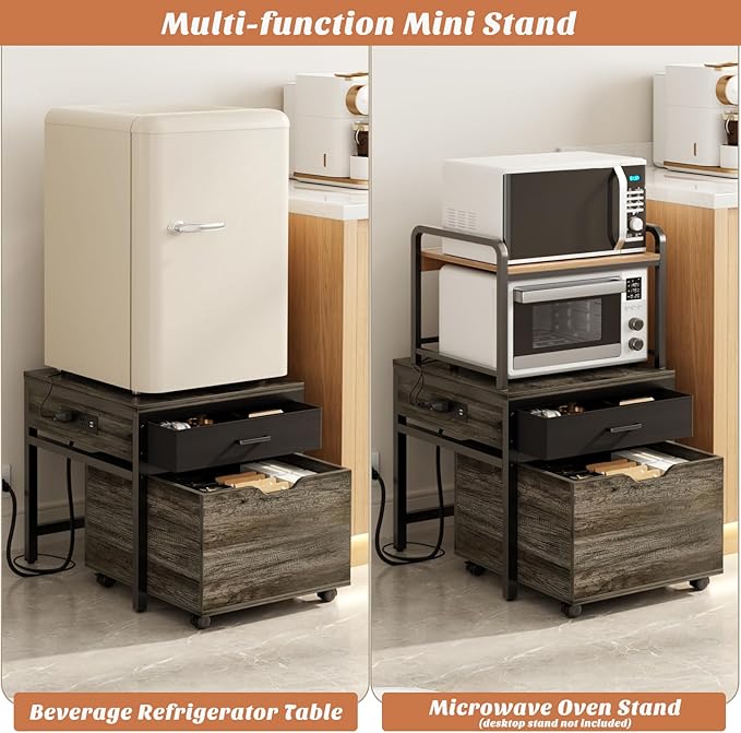Unikito Mini Fridge Stand with Storage and Charging Station, Refrigerator Table with Drawer Basket for Dorm, Apartment, Office, Bedroom, Heavy Duty Small Refrigerator Stand Cart, Hold 300LBS, Gray Oak