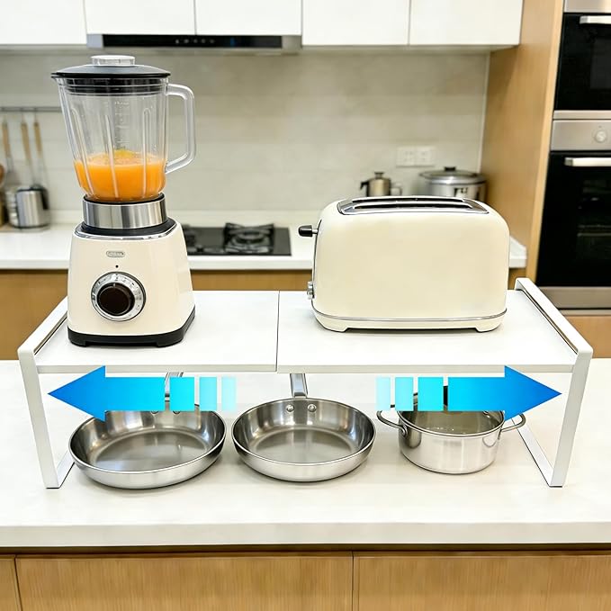 Expandable Kitchen Counter Shelf Organizer,14-25" L， White Metal, Under Sink Storage Rack, Cabinet Countertop Organizer (2 Pack)