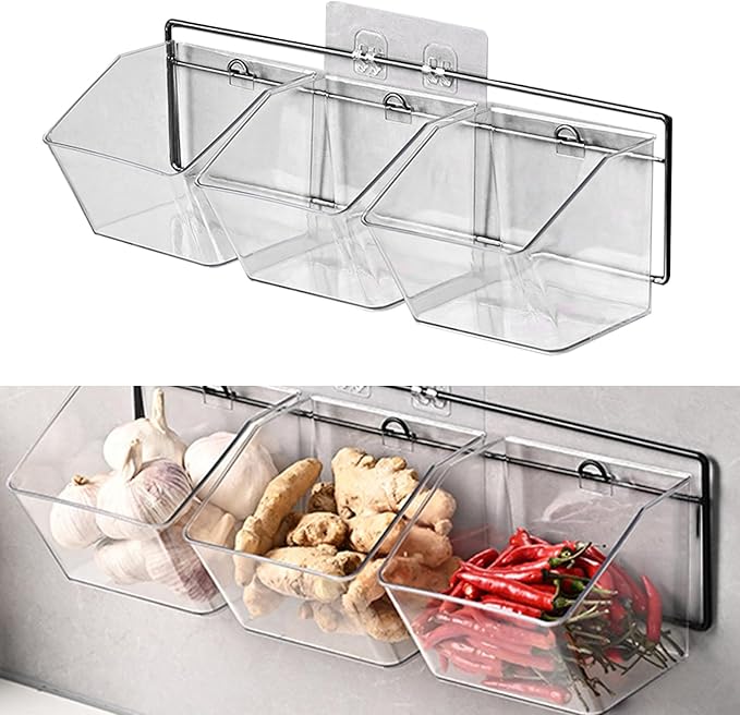 Wall Mounted Storage Container, 3 Storage Grid Clear Plastic Self-Adhesive Hanging Onion and Potato Storage with Metal Rack and Traceless Sticker for Kitchen/Bathroom/Organizer Pantry