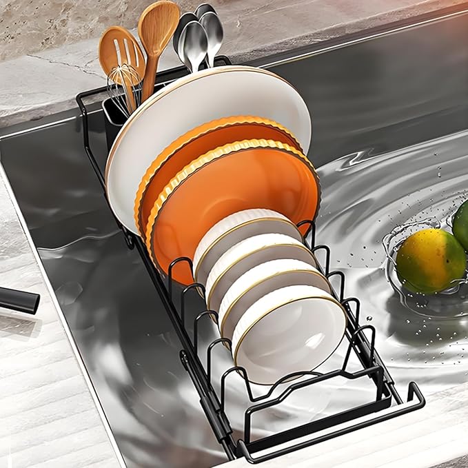 Dish Drying Rack, Retractable Sink Drainer, Adjustable Non Slip Organizer for Kitchen Counters Apartment RV Farmhouse Use Holding Pots Pans Utensils, Space Saving Design for Daily Cleaning