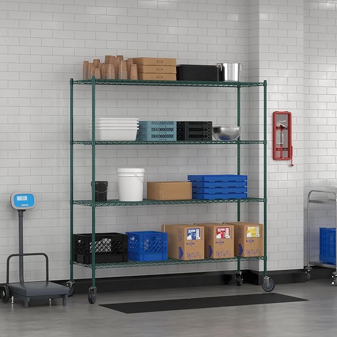 Commercial NSF Listed Green Epoxy Mobile Wire Shelving Kit 21" x 72" x 80", with 4 Shelves Perfect for Warehouse, Walk-in Refrigerator, Freezer, Grocery Store, Restaurant, Dishroom
