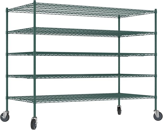 Commercial NSF Listed Green Epoxy Mobile Wire Shelving Kit 36" x 72" x 60", with 5 Shelves Perfect for Warehouse, Walk-in Refrigerator, Freezer, Grocery Store, Restaurant, Dishroom