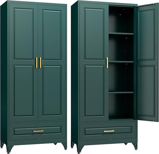 75" Kitchen Pantry Cabinet with Drawer, Metal Storage Cabinets with Doors and 4 Adjustable Shelves,Green Kitchen Cabinet with 2 Gold Handles,Food Cupboard for Livingroom,Pantry, Bathroom