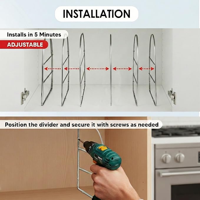 HOLDN’ STORAGE Cabinet Shelf Dividers for Kitchen Organization - Metal Screw-Mounted Shelf Dividers for Wood Cabinets & Shelves - 6 Pack