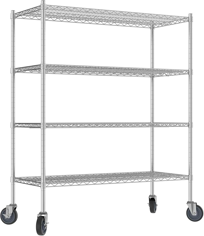 Commercial NSF Listed Chrome Mobile Wire Shelving Kit 21" x 48" x 60", with 4 Shelves Perfect for Warehouse, Walk-in Refrigerator, Freezer, Grocery Store, Restaurant, Dishroom
