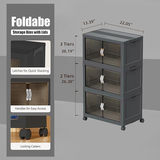 ONAIL Stackable Storage Bins, Plastic Storage Bins with Lid and Wheels, Collapsible Storage Containers with Magnetic Doors, Foldable Storage Boxes for Home, Pantry, Office (M, Gray 3-Tier)