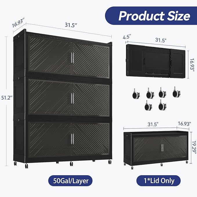 Fangtueh 150 Gallon Extra Large Collapsible Storage Bin with Lid, 960QT Stackable Plastic Organizer with 6x Wheels, Foldable Drawer Cabinet for Closet, Living Room Office, Kitchen 3Pack, Black