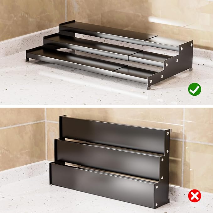Expandable Carbon Steel Spice Rack Organizer for Pantry, Adjustable 3-Tier Ladder Shelf,Holds Up to 24 Cans,Kitchen Countertop Organizer, Rustproof Storage Rack for Spices, Cans, Sauces & Dry Goods