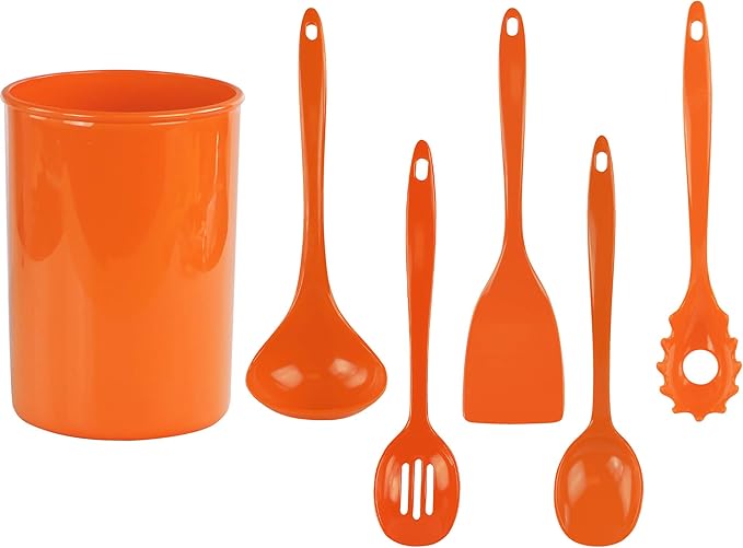 Reston Lloyd 6 Piece Kitchen Utensil Holder for Kitchen Counter, Utensils Crock with Heat Resistant Spoon, Slotted Spoon, Ladle, Spatula BPA Free, Orange