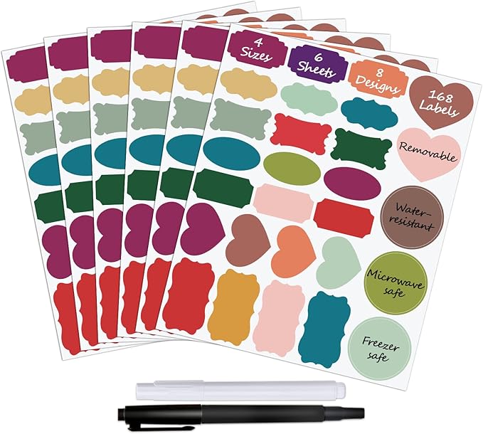 Colored Chalkboard Labels for Food Containers 168pcs - Removable Waterproof Write-on Pantry Sticker Labels for Spice Jar,Glass Bottle,Storage Bin,Kitchen Organizing and Party Decoration,with 2 Markers