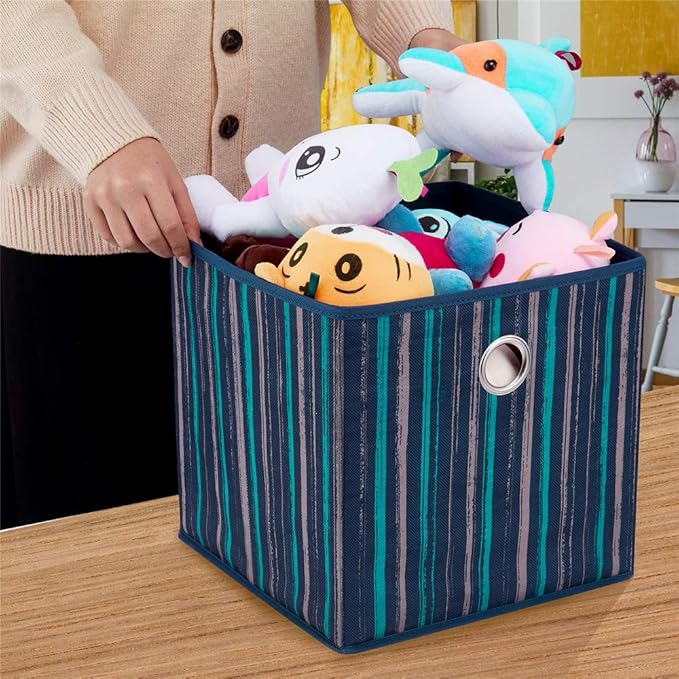 HSDT3 Cube Storage Bins 11x11x11 Inch Foldable Teal-Yellow Vertical Stripes Gradient Lines Print Fabric Storage Basketes for Home Organizers Storage Drawer,QY-SC17-3,Cream Navy Blue(Set of 3)