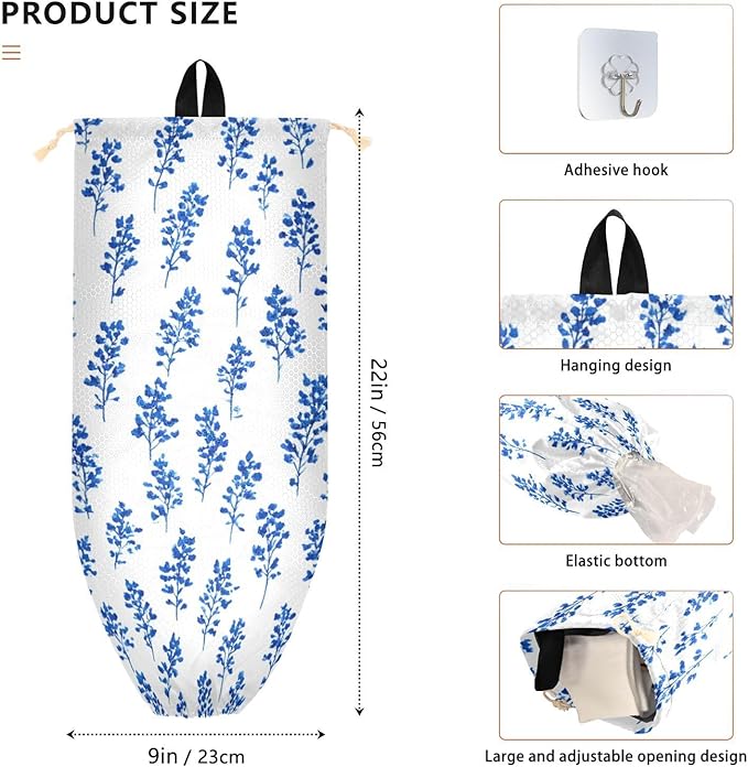 Plastic Bag Holder Wall Mount Grocery Bag Shopping Bag Storage Holder Organizer Dispenser with Adhesive Hook,for Kitchen Bathroom Home Decor 9x22 Inches Small Bluebonnet Flower16