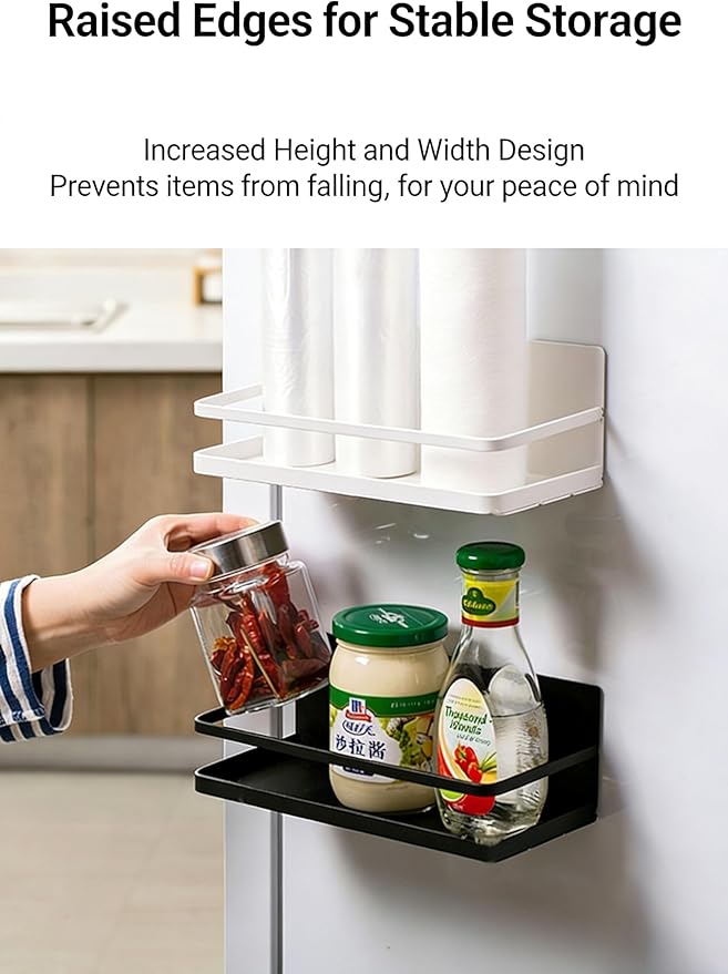 Magnetic Spice Rack for Refrigerator, Strong Hold Over Cabinet Spice Organizer, Kitchen Gadgets, No Drill Adjustable Magnetic Shelves with Tall Guardrail