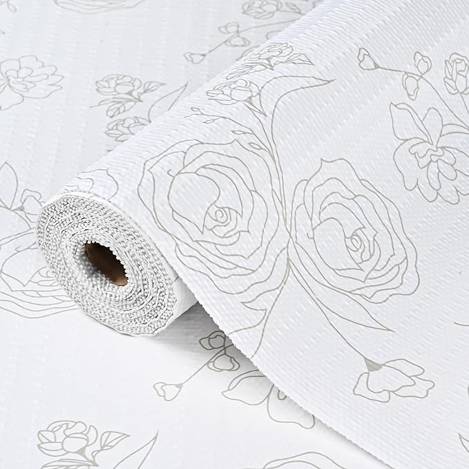 Floral Shelf Drawer Liner for Kitchen Cabinets Non-Adhesive Shelf Liner Paper Non-Slip Strong Grip Drawer Liner Cabinet Liners Thickened Easy to Clean for Tool Box Pantry (12In x 20FT), Gray