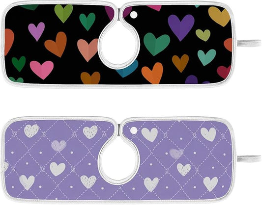 2 PCS Kitchen Sink Splash Guard 14.9 Inch Faucet Mat for Kitchen Sink Bathroom Sink Faucet Absorbing Drip Drain Mat Pad Microfiber Soft Washable Valentine Purple Colorful Hearts