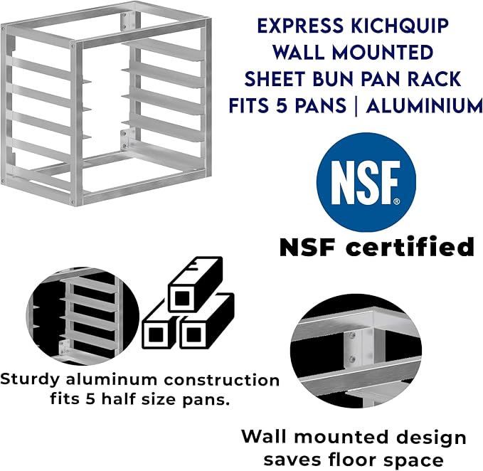 Wall Mounted Aluminum Bun Pan Rack – Holds 5 Half-Size Sheet Pans (21" x 13" x 18") | NSF Certified | Space-Saving Storage for Commercial Kitchens