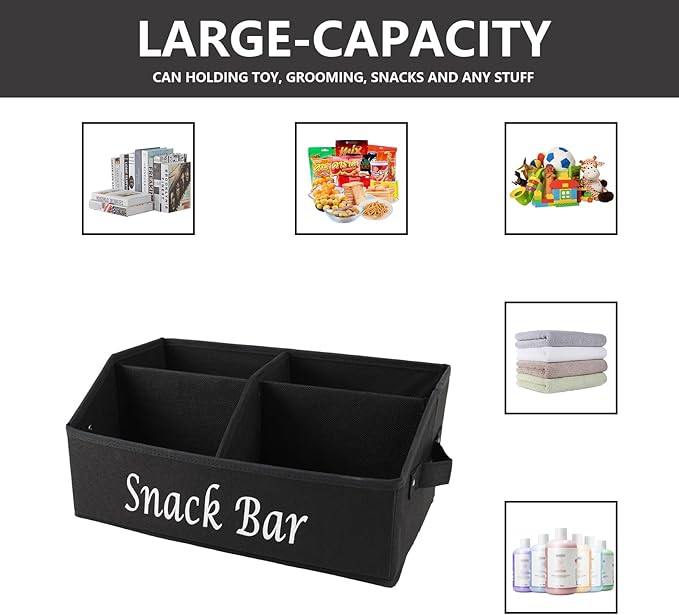 2 Pack Snack Organizer for Countertop, Fabric Snack Basket with Handles, 4 Compartment Snack Box Container, Snack Bar Station Decor, Kitchen Cabinet Pantry Organizer and Storage (Black)