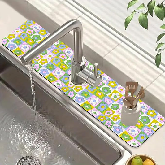 Cute Flowers Sink Splash Guard Retro Floral Faucet Absorbing Mat Fast Drying Mat Sink Gadgets Splash Guard Behind Faucet Drip Catcher for Kitchen Bathroom, 23.5"x5.5"