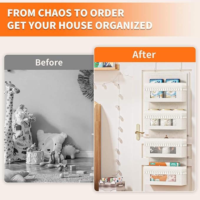 Aokeyee 4 Shelf Over The Door Organizer Nursery, Boho Closet Hanging Organizer Storage with Tassels and Clear Window, Behind The Door Storage for Baby Nursery, Bedroom, Bathroom, Laundry, Pantry